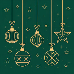 Minimalist Christmas ornament set — golden line icons of baubles, bells, stars on deep green.
