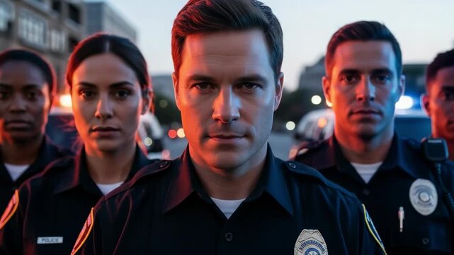 A determined male police officer leads his diverse team of law enforcement professionals on a city street at night, ready for duty.
