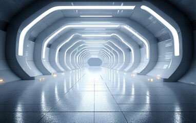 Naklejka premium Futuristic tunnel with illuminated curved lights and reflective floor