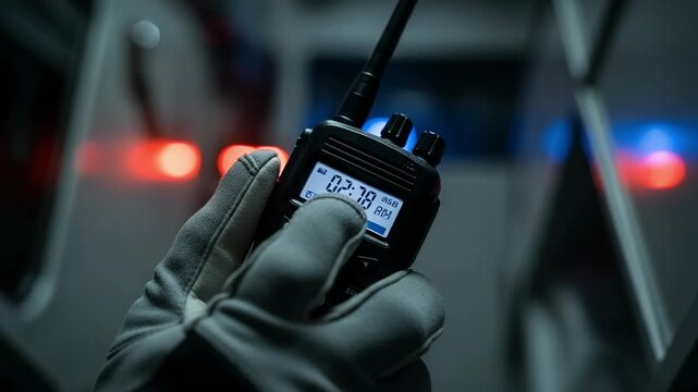 First responder holding a walkie-talkie at night. Emergency communication with red and blue lights in the background.