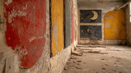 Abandoned interior of a derelict building showcasing weathered walls with vibrant, peeling paint and colorful geometric shapes in a forgotten space