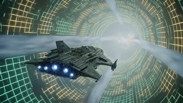 Futuristic spaceship flying through glowing tunnel science fiction concept