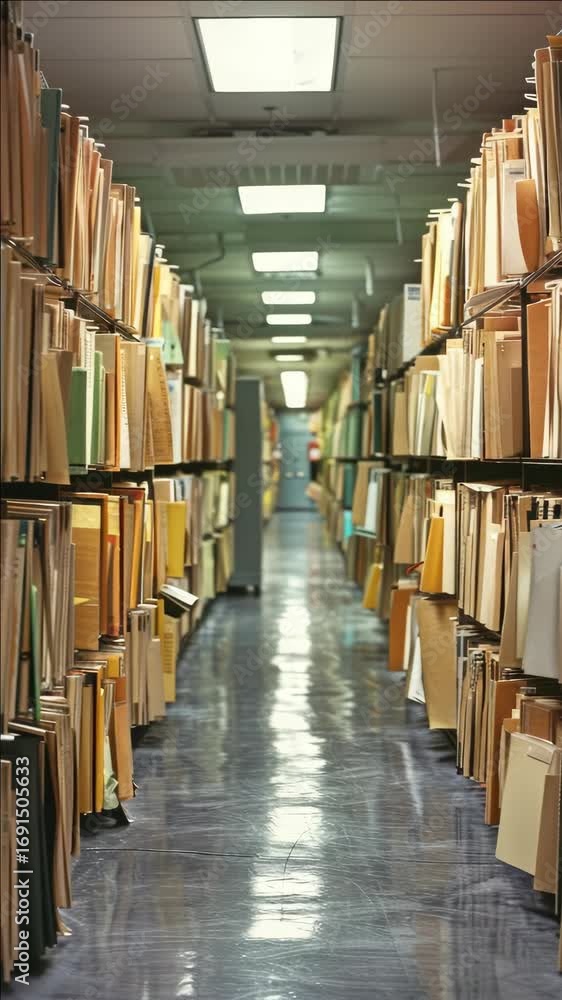 Poster long aisle of books in library stacks with rows of shelving on either side, highlighting organizatio
