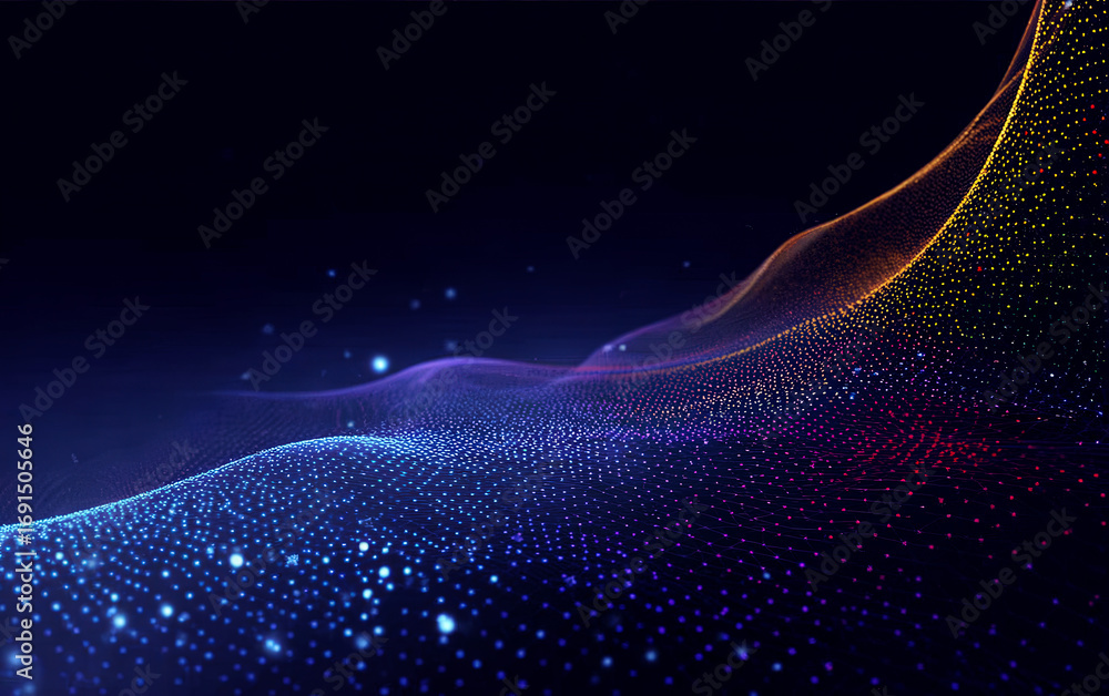 Poster dynamic digital wave with glowing particles in dark background