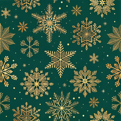 Seamless vector pattern of elegant golden snowflakes on deep emerald green background, luxury holiday design for packaging and wrapping paper.
