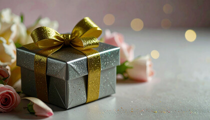 A sparkling silver gift box with a luxurious gold ribbon sits on a table. The scene is softened by a blurry background of pink and white roses, creating a perfect image for a special occasion.