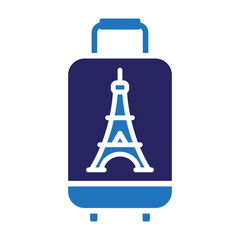 Blue travel luggage icon with an Eiffel Tower symbol, representing a vacation to Paris, France. A minimalist vector graphic for tourism and journey concepts