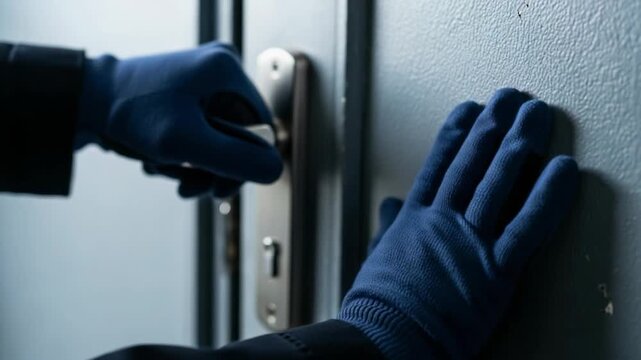 Gloved hands of a burglar breaking into a house. Thief picking a door lock for illegal entry. Home security and crime concept.