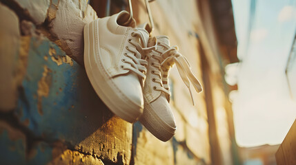 a pair of white sneakers ha hanging