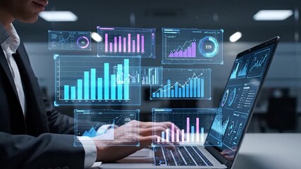 Businessman analyzing data on tablet with hologram dashboard graphs. Futuristic interface represents business growth, Financial performance, Strategic marketing, Planning advanced data analytics - Powered by Adobe