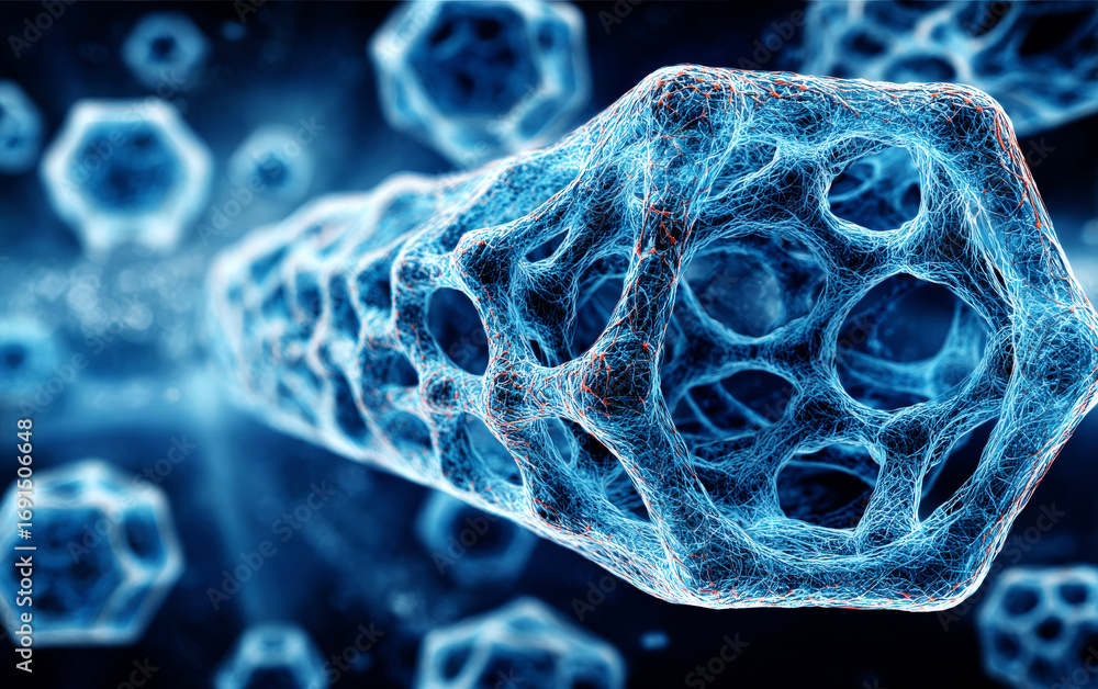 Poster close-up view of a complex molecular structure with porous design