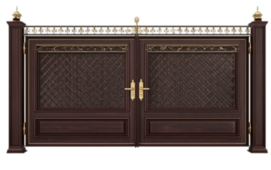 Dark mahogany double gate with golden metallic handles on transparent background