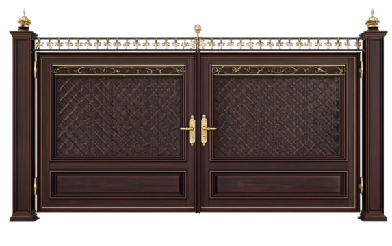 Dark mahogany double gate with golden metallic handles on transparent background
