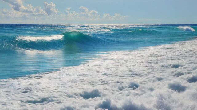Turquoise Wave Breaking on Shore, Tropical Beach Scene Under Blue Sky
