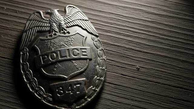 Vintage police badge with the number 347 resting on a dark, textured wooden surface. Close-up on a law enforcement symbol of authority and justice.