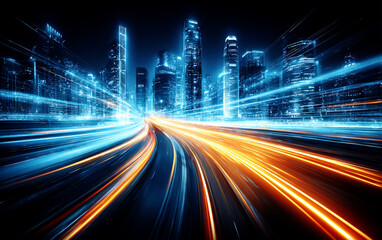 Blurred light trails in modern cityscape with tall buildings