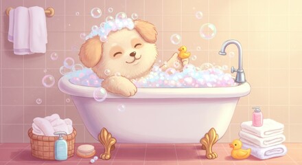 Adorable Cartoon Puppy Enjoying a Bubble Bath