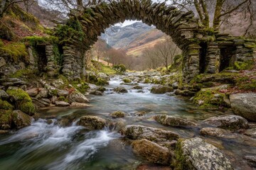 Ancient stone arch bridge over a flowing stream in a valley