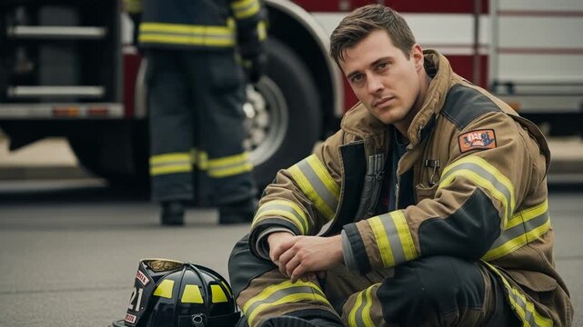 Portrait of a young handsome male firefighter sitting on the ground. Tired first responder in uniform resting after an emergency call with a fire truck in the background.