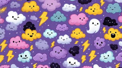 Playful seamless Halloween pattern of colorful cartoon clouds with ghosts lightning and stars on purple background
