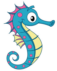 A blue cartoon seahorse with a yellow belly, pink spots and spines, a curled tail, and a cheerful expression. © Phaimanee