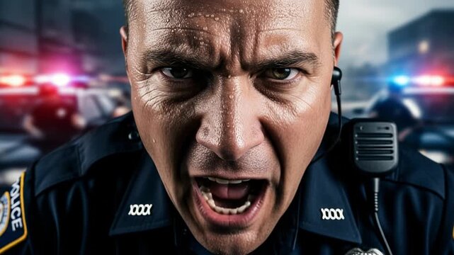 Close-up of an intense and sweaty male police officer yelling. Emergency scene with flashing police car lights in the background.