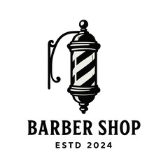 Classic Barber Shop Logo with Vintage Barber Pole Icon - Black and White Emblem for Hair Salon Business Established 2024