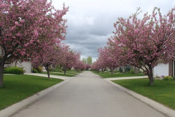 Residential street lined with blossoming pink trees under a cloudy sky