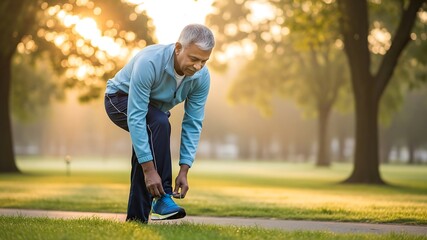 Mature Man Tying Shoelaces Before Morning Run in Park