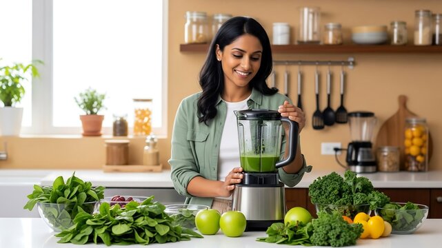 Smiling Woman Making Healthy Green Smoothie in Kitchen with Fresh Vegetables and Fruits
