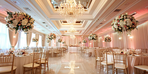 Elegant ballroom decorated for a celebratory event with floral arrangements and soft lighting