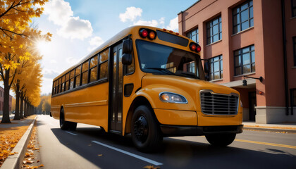 Obraz premium american yellow school bus parked near school under autumn trees, transport concept