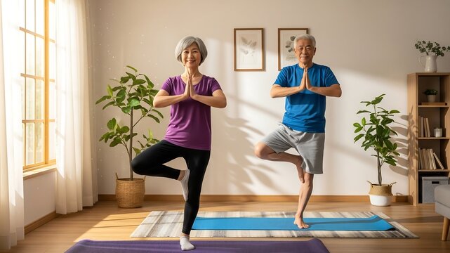 Healthy senior Asian couple practicing yoga at home in tree pose, active retirement lifestyle