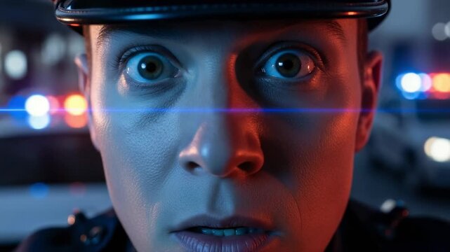 Intense close-up portrait of a shocked female police officer at night. Her face is illuminated by red and blue emergency lights from a patrol car.
