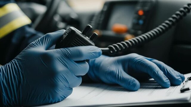 Close-up of a paramedic in blue gloves holding a two-way radio and a clipboard inside an ambulance. Emergency medical services communication and documentation.