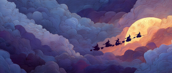 Group Witches Flying Broomsticks Across