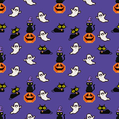 Halloween pattern of pumpkins, ghosts and black cats