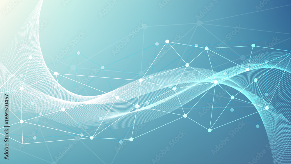 Poster technology digital abstract futuristic background with flowing blue lines and connecting network dot
