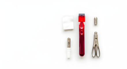 A set of grooming tools including a red trimmer, scissors, a clipper, and two attachments, arranged neatly on a white background.