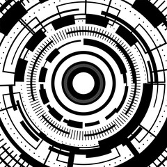 technology abstract futuristic hud circular pattern black and white geometric design digital blueprint concentric lines dots sci fi interface hightech background innovation detail symmetry concept