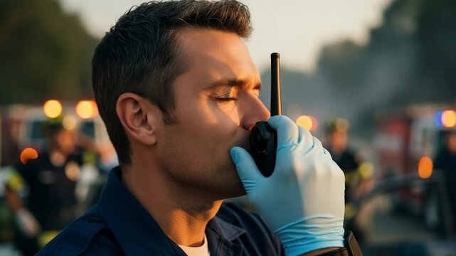 Portrait of a grateful male paramedic taking a moment of relief at an emergency scene. Hopeful first responder smiling at sunset with emergency lights in the background.