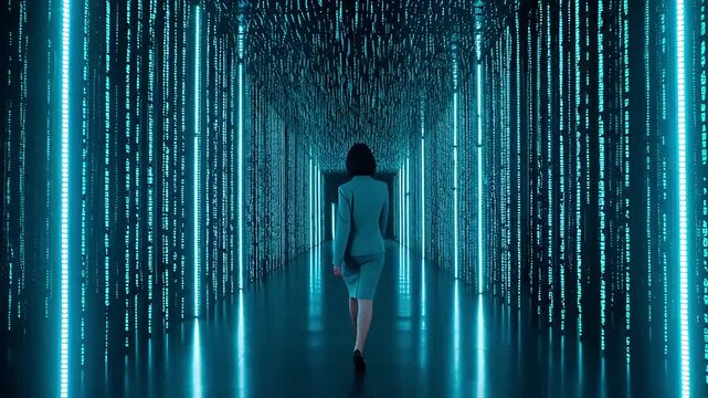 Woman in a sleek suit walking through a futuristic corridor illuminated by glowing blue lights