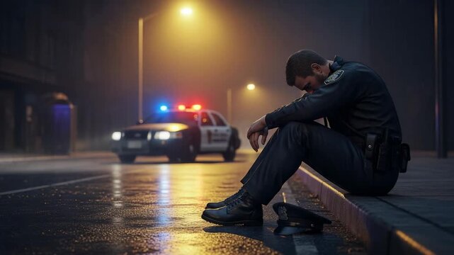 A stressed and distraught male police officer sits alone on a wet city street curb at night, showing signs of burnout and emotional distress.