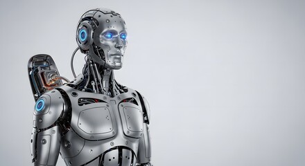 Sleek metallic android with intelligent blue eyes, a symbol of advanced artificial intelligence and future robotic technology