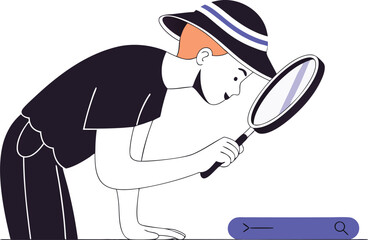 Person wearing coral hat orange t shirt magnifying glass searching for clues vector graphic white background
