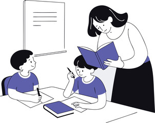 Teacher instructing students at a table in a classroom setting vector illustration white background