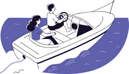 Vector illustration of a white speedboat with two people gliding on blue water white background