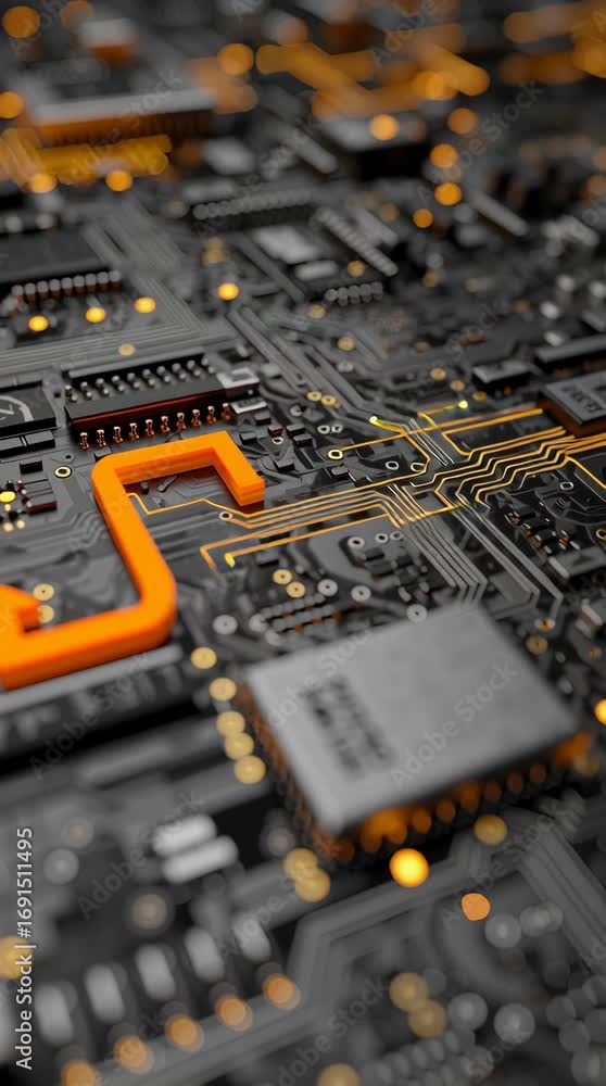 Poster exploring the intricate details of a circuit board with vibrant orange elements and complex circuitr