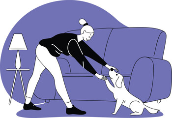 Woman with dog stretching indoors with couch vector illustration scalable eps icon white background
