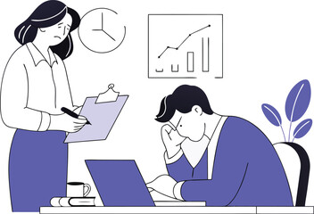 Woman holds clipboard overseeing stressed businessman working on laptop vector illustration white background